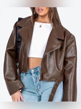 Lioness Staten Island Faux Leather Jacket Brown